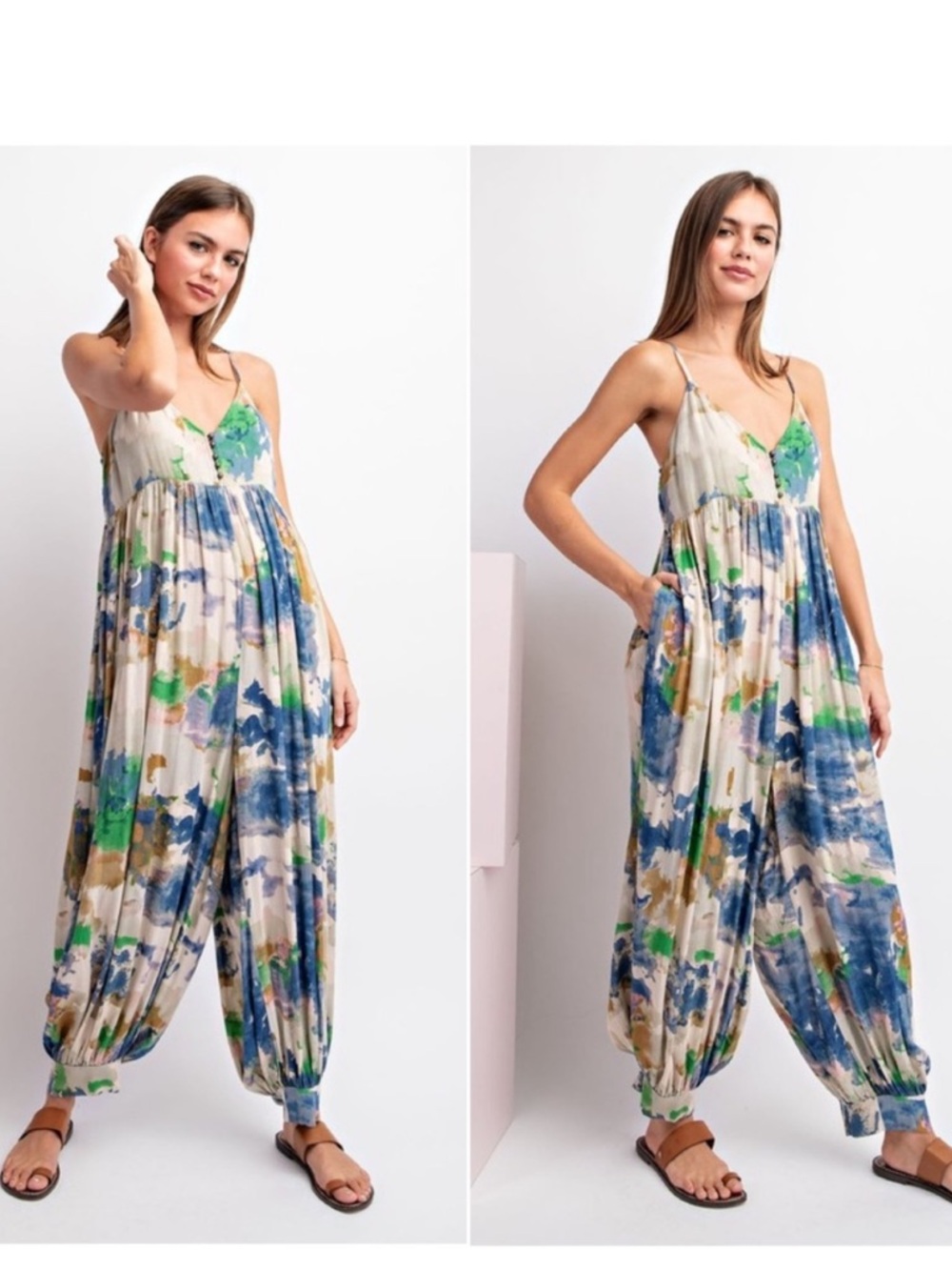 Eesome Boho Tie Dye Button Cami Jumpsuit